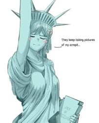 1girls animate_inanimate armpits blush blushing book breasts closed_eyes clothed clothes clothing embarrassed english_text eyebrows eyelashes eyes_closed female female_only holding holding_book holding_object human human_only humanoid inanimate liberty meme simple_background solo solo_female statue statue_of_liberty text white_background