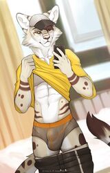 1boy 2019 abs artist_signature bulge felid feline fur furry hi_res hinar_miler male male_only mammal navel pants_down selfie shirt_lift spotted_fur tail underwear yellow_eyes