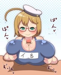 1boy 1girls alternate_breast_size big_breasts blonde_hair blue_eyes blush chubby cleavage clothed_paizuri female glasses hat highres huge_breasts i-8_(kantai_collection) kantai_collection large_breasts male newrhythm2 one-piece_swimsuit paizuri red_glasses school_swimsuit straight swimsuit