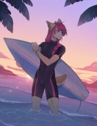 1boy anthro bodysuit bracelet braid bulge canid canine fumiko furry male_only pink_hair sunset surfboard tail water wetsuit