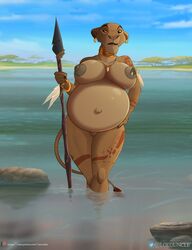 absurd_res anthro belly big_belly big_breasts breasts brown_body brown_eyes brown_fur cloud cloudscape dark_areola dark_nipples detailed_background disney ear_piercing el-loko feathers felid female fur furgonomics genitals gold_(metal) gold_jewelry hand_on_hip hi_res huge_belly jewelry lion mammal melee_weapon navel necklace nipple_piercing nipples nude open_mouth outie_navel outside pantherine piercing polearm pregnant pussy ready_to_pop rock sarabi sky solo spear standing tattoo the_lion_king tooth_necklace tree tribal water weapon