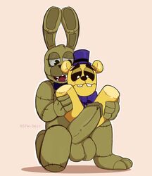 animatronic big_penis bowtie five_nights_at_freddy's five_nights_at_freddy's_4 fredbear_(fnaf) furry gay genitals grabbing_legs half-closed_eyes humanoid_penis lagomorph male_only penis plushie plushtrap plushtrap_(fnaf) rabbit robot simple_background teddy_bear top_hat