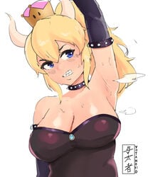 1girls armpits armwear big_breasts blonde_hair blue_eyes blush bowsette breasts choke_collar choker cleavage clothed clothing crown female female_only fully_clothed genderswap horns large_breasts mario_(series) musk new_super_mario_bros._u_deluxe nintendo smell solo sweat yotahen