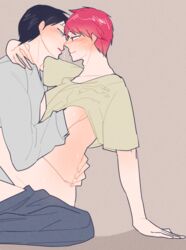 2boys age_difference black_hair blush clothing kuroko_no_basuke male male/male nijimura_shuuzou red_hair seijuro_akashi short_hair simple_background yaoi