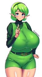 1girls 5_fingers alternate_breast_size bedroom_eyes belt big_breasts blue_eyes blush blushing breasts cleavage clothed clothes clothing elf_ears english_text female female_only fully_clothed green_hair half-closed_eyes hand_on_hip happy headband hips huge_breasts humanoid kokiri large_breasts looking_at_viewer nintendo ocarina_of_time pointy_ears saria seductive seductive_eyes seductive_look seductive_smile short_hair simple_background smile smiling smiling_at_viewer sole_gem solo solo_female standing text the_legend_of_zelda thick thick_thighs thighs voluptuous watermark white_background wide_hips