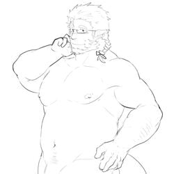 1:1 2020 beard belly blush braided_hair erect_nipples eyewear genitals glasses hi_res huckle_(live_a_hero) humanoid humanoid_hands live-a-hero male male_only monochrome moobs navel nipples out_of_frame_censoring penis simple_background slightly_chubby solo video_games white_background xiaojishangtian