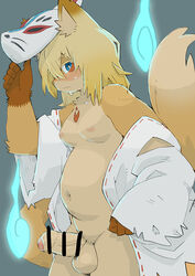 5_fingers animal_mask anthro asian_clothing balls belly biped blonde_hair blue_eyes blush bodily_fluids breasts brown_body brown_fur canid canine censored clothed clothing countershading east_asian_clothing erection fingers fox fox_mask fur genitals gloves_(marking) grey_background gynomorph hair hair_over_eye haori humanoid_genitalia humanoid_hands humanoid_penis inner_ear_fluff intersex japanese_clothing kemono looking_at_viewer male_only mammal markings mask medium_breasts monotone_hair multicolored_body multicolored_fur navel nipples no_underwear one_eye_obstructed orange_body orange_fur overweight overweight_anthro overweight_gynomorph overweight_intersex partially_clothed partially_retracted_foreskin penis si_ra_ta_ma3 simple_background sitting solo standing sweat tan_body tan_countershading tan_fur torn_clothing tuft uncut white_haori will-o-wisp