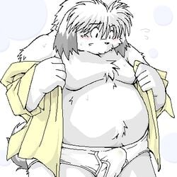 1:1 2006 anthro belly blush bodily_fluids book_whitener bulge canid canine canis clothed clothing digital_media_(artwork) domestic_dog fur genital_fluids kemono low_res male male_only mammal monochrome_(series) oekaki open_clothing open_shirt open_topwear overweight overweight_anthro overweight_male precum shirt solo sweat takagi_kyou topwear underwear white_body white_fur