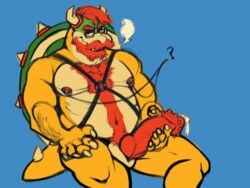 1boy 4:3 anthro bangs bara beard beefy beige_countershading belly_hair body_hair bowser bumpy_penis chest_hair dripping erection eyewear facial_hair fetishame glasses green_head happy_trail harness hi_res horns hybrid_penis knotted_humanoid_penis koopa male male_nipples male_only mario_(series) masculine mature_male mostly_nude_male musclegut muscles muscular_anthro muscular_male mustache nintendo nipple_fetish nipple_piercing nipple_play nipple_rings ochre_skin pecs penis piercing precum precum_drip red_hair scalie shell solo video_games