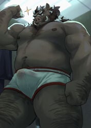 1boy 2020 anthro belly brown_body brown_fur bulge clothing curtis_wuedti detailed_background erection erection_under_clothes fur hi_res humanoid_hands male male_only mammal musclegut nipples overweight overweight_anthro overweight_male solo suid suina sus_(pig) underwear white_underwear wild_boar