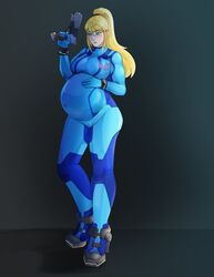 1girls big_breasts bodysuit breasts claraspregs cleavage female female_only female_protagonist holding_belly huge_belly large_breasts metroid muscular_arms nintendo pregnant ready_to_pop samus_aran solo thick_thighs tight_clothing tight_fit zero_suit zero_suit_samus