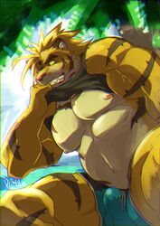 abasirisippo anthro biceps blue_bottomwear blue_clothing bottomwear bulge clothed clothing clothing_lift felid fur genital_outline grin leaf macan_(tokyo_afterschool_summoners) magan male male_only mammal nipples one_eye_closed pantherine pecs penis_outline shirt shirt_lift smile solo swimwear tank_top teeth tiger tokyo_afterschool_summoners topwear vein video_games yellow_body yellow_fur