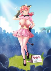 1girls audience big_breasts blush cosplay covered_nipples cow_ears cow_horns female gloves heart_pasties legwear miltank_(cosplay) multiple_persona nintendo one_eye_closed pale-skinned_female pale_skin pink_eyes pink_hair pink_legwear pokemon pokemon_(cosplay) pokemon_gsc skirt solo_focus sweat teishatsu text thighhighs whitney_(pokemon)