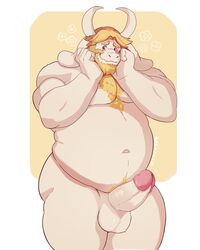 4:5 absurd_res alternate_version_at_source anthro asgore_dreemurr balls barmaku belly blonde_hair blush body_hair boss_monster bovid caprine chest_hair embarrassed erection fur genitals hair hand_on_face hi_res horn humanoid_genitalia humanoid_penis male male_only mammal nude overweight overweight_anthro overweight_male penis pubes solo solo_male undertale video_games white_balls white_body white_fur