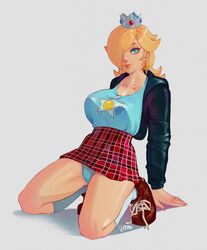 1girls arm_support blonde_hair blue_eyes casual clothed crown earrings female female_only full_body grey_background hair_over_one_eye hi_res jacket kneeling long_hair looking_at_viewer mario_(series) nintendo pinup plaid_skirt pose princess_rosalina shiny shiny_skin shoes simple_background smile socks solo solo_focus swimsuit theartofvero vero