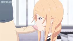 1boy 1girls animated balls big_penis blonde_hair blowjob clothing cute deepthroat eyelashes fellatio female kneeling lewdnatic light-skinned_male light_skin long_hair nakiri_erina oral penis purple_eyes saliva saliva_string shokugeki_no_souma shorter_than_30_seconds slim sound throat_bulge throat_fuck video yukihira_souma