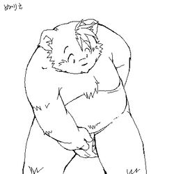 1:1 2006 anthro asian_clothing balls barely_visible_balls barely_visible_genitalia belly black_and_white clothing east_asian_clothing fundoshi genitals japanese_clothing kemono low_res male male_only mammal monochrome overweight overweight_anthro overweight_male simple_background solo takagi_kyou underwear ursid white_background