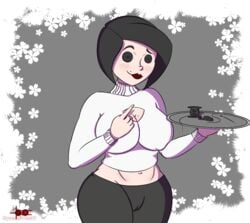 beldam black_eyes black_hair black_pants button_eyes cameltoe come_hither coraline coraline_older_mom eyes_covered large_breasts nipple_bulge other_mother pleasure pleasure_face red_lipstick ryomentsuki temptation tight_pants turtleneck_sweater white_sweater