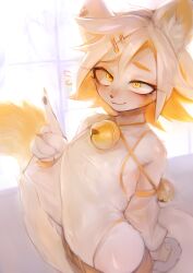 3gs anthro biped black_nose blush closed_smile clothed clothing collar eyebrows felid feline female fingers fur hair hi_res mammal mouth_closed multicolored_tail smile solo standing tail white_body white_fur white_hair white_tail yellow_tail