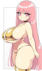 ai_generated cleavage female female_only golden_bikini large_breasts long_eyelashes long_hair looking_at_viewer oc pink_eyes pink_hair short shortstack thebillai