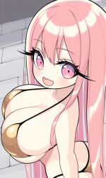 ai_generated cleavage female female_only golden_bikini large_breasts long_eyelashes long_hair looking_at_viewer oc pink_eyes pink_hair short shortstack thebillai