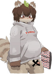 5_fingers anthro balls biped blush bottomless brown_body brown_eyes brown_fur brown_hair canid canine censored clothed clothing dipstick_ears erection fingers fluffy fluffy_tail fur genitals hair holding_clothing hoodie hoodie_only humanoid_genitalia humanoid_penis kemono leaf male male_only mammal multicolored_body multicolored_ears multicolored_fur partially_retracted_foreskin penis portrait raccoon_dog ringtail short_hair si_ra_ta_ma3 simple_background slightly_chubby solo standing tan_body tan_fur tanuki three-quarter_portrait topwear topwear_only two_tone_body two_tone_fur uncut white_background