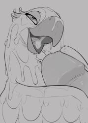 2026 20th_century_fox 20th_century_studios absurd_res avian beak bird blue_sky_studios bodily_fluids cum cum_all_over cumshot duo ejaculation female feral genital_fluids genitals grey_background greyscale half-closed_eyes hi_res jewel_(rio) macaw male male/female monochrome narrowed_eyes neotropical_parrot open_beak open_mouth parrot penis rio_(film) rio_(series) simple_background tongue true_parrot wugi