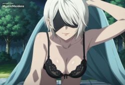 2b_(nier:automata) ai_generated anime anime_style arm_up armpits artist_name black_blindfold black_bra blanket blindfold bra breasts cleavage closed_mouth collarbone covered_eyes facing_viewer female hentai hi_res large_breasts medium_breasts mole mole_under_mouth mystic_maidens nier nier:_automata nier_(series) night outdoors panties patreon patreon_username short_hair smile solo tree under_covers underwear underwear_only white_hair yorha_2b