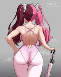 1girls alternate_hairstyle artist_name artist_signature ass ass_focus back_muscles back_view backboob big_ass big_breasts breasts brown_hair busty cslucaris facing_away fat_ass female female_only hand_on_hip heavy_breathing hush_(rwby) large_breasts leotard light-skinned_female neo_(rwby) neopolitan_(rwby) pink_hair pink_leotard pose posing rwby sensual sexy sexy_pose solo solo_female source twintails two-tone_hair