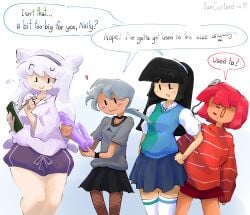 1nonbinary 3girls :) :3 :o battle_for_bfdi battle_for_dream_island bfb bfdi black_hair blush book_(bfdi) clothed clothing dialogue dildo dot_eyes female female_only fishnet_stockings fishnets fully_clothed gajinka gijinka gray_hair grey_hair grin grinning holding_dildo holding_object holding_pen holding_sex_toy humanized jacknjellify jnj just_not_(tpot) naily_(bfdi) no_sex nonbinary object_show object_show_community object_shows osc oversized_clothes own_custard_(artist) petite petite_body pillow_(bfdi) price_tag_(bfdi) purple_dildo red_hair self_upload sex_toy shorts skirt smile smiling smug smug_face sweater sweater_vest tan_body tan_skin text text_bubble the_power_of_two thick_thighs thighs tpot white_background white_body white_hair white_skin