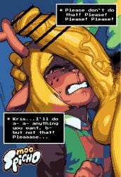 ai_generated anthro antlers balls big_penis blonde_hair brown_fur censored censored_penis comic comic_page deer deltarune hair hairy_penis huge_cock human human_on_anthro kris_(deltarune) long_hair mammal moospicho new_world_deer noelle_holiday penis penis_on_face pixiv_link reindeer veiny_penis yellow_body