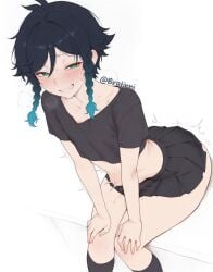 1boy 1femboy ai_generated ass big_ass blush bottomless bratinni bulge crop_top deep_penetration erection_under_clothes femboy fluids genshin_impact half-closed_eyes hands_on_own_knees heavy_breathing kneehighs light-skinned_male looking_at_viewer male male_only nervous_smile otoko_no_ko penis pleated_skirt precum riding riding_dildo simple_background sitting sitting_on_dildo skirt smile solo stomach_bulge sweat thick_thighs trembling venti_(genshin_impact) wavy_mouth