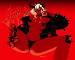 1girls amputee artist_name artist_signature big_breasts black_panties blonde_hair bracelet choker covered_nipples covered_pussy cybernetics demon_girl glasses glasses_on_face glitch glowing_eyes godtail horn jacket jacket_only jacket_open leather_jacket legs_apart legs_spread maebari multicolored_hair original_character panties red_background red_body red_eyes red_skin red_skinned_female spikes tagme text text_in_background