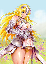 1girls armour blonde_hair blonde_pubic_hair blue_eyes breasts breasts_visible_through_clothing chains cute detailed_background dress dress_lift fate/apocrypha fate/grand_order fate_(series) gaden hair_ornament jeanne_d'arc_(fate) jeanne_d'arc_(fate)_(all) long_hair metal_gloves mozu-k nipples open_mouth pink_nipples pubic_hair sky smile sword thick_thighs translucent_clothing voluptuous white_dress