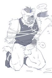 1boy absurdres arknights biceps black_hair black_socks black_tank_top bondage chinese_commentary commentary_request cum cum_on_body dmsjji12 ear_piercing erection facial fangs furry furry_male greyscale heart highres hyena_boy hyena_ears hyena_tail infection_monitor_(arknights) kneeling male_focus monochrome multicolored_hair muscular muscular_male musical_note no_pants open_mouth partially_colored penis piercing socks speech_bubble spoken_blush spoken_heart spoken_musical_note spot_(arknights) streaked_hair tank_top tongue tongue_out white_background