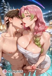 1boy abs ai_generated big_breasts blush braid breasts brown_hair cleavage collarbone cum demon_slayer ejaculation erection female gradient_hair green_eyes green_hair handjob kanroji_mitsuri kimetsu_no_yaiba large_breasts long_hair male_pubic_hair mixed-sex_bathing mole mole_on_breast mole_under_eye multicolored_hair multiple_moles naked_towel naughtygirlsai night nipples nude onsen open_mouth outdoors patreon_username penis pink_hair pubic_hair shared_bathing straight testicles towel uncensored water wet