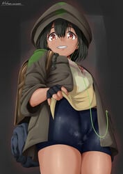 1girls amber_eyes anosillus_ii backpack bike_shorts black_hair braided_hair cameltoe clothed clothing dark_skin female female_only fingerless_gloves from_below fully_clothed hoodie kakuretenai latex looking_at_viewer looking_down pussy shiny_skin showing_off skin_tight small_breasts smaller_female smile smiling spandex ssss.gridman steam tagme thighs tight_clothing