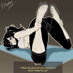 1girls ass barefoot black_hair bound_puppy_pose breasts clenched_teeth crop_top crop_top_overhang facing_away feet female female_focus full_body grabbing_own_ankles gradient_background green_eyes highres kneeling large_breasts looking_at_viewer looking_back mature_female meme no_bra on_chest one_eye_closed pants pantylines pinkflamingo pinkflamingoart ponytail prone reaching_back renee_graves sidelocks signature smell solo steam steaming_body teeth textless_version the_coffin_of_andy_and_leyley top-down_bottom-up trembling underboob variant_set yoga yoga_mat yoga_pants yoga_pose_meme_2026