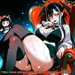 1girl solo_focus pov red_eyes black_hair white_hair long_hair elf_ears pointed_ears fangs ahegao blush sweat saliva drooling tongue_out wet_skin large_breasts nipples ass_focus thick_thighs white_fluid dripping cum throne bat_wings picture_in_picture chibi nsfw explicit ai_generated patreon bokarts