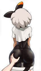 1girls ass ass_grab back bea_(pokemon) cameltoe captain_katawa dark-skinned_female dark_skin female grey_hair hair_ribbon leotard nintendo pokemon pokemon_ss short_hair shorts shorts_down thick_ass white_background