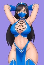 1girls armpits arms_up big_breasts black_eyes black_hair blue_thighhighs bojack198 breasts exposed_breasts female kitana kitana_(mk9) long_hair mask masked masked_female mortal_kombat mortal_kombat_(2011) ninja ninja_girl thighhighs