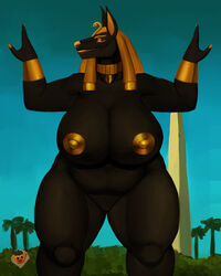 anthro anubian_jackal anubis big_breasts big_nipples breasts canid canine canis deity egyptian_mythology female genitals gold_(metal) gold_jewelry golden_nipples grishnax hi_res huge_breasts jackal jewelry lips mammal middle_eastern_mythology mythology nipples nude overweight overweight_anthro overweight_female pose pussy sculpture smile solo statue thick_bottom_lip thick_thighs