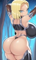 ai_generated android_18 ass ass_focus bare_stomach black_leather blonde_female blonde_hair blue_eyes cold_stare dragon_ball_super dragon_ball_z expressionless female female_only from_behind ice_blue_eyes large_breasts looking_at_viewer ringed_eyes seductive seductive_look taimanin_suit thebillai