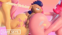 16:9 3d 3d_(artwork) 4k absurd_res anthro anthro_on_feral bent_over big_breasts blue_hair breasts darkskye_(artist) english_text equid equine female feral fluttershy_(mlp) friendship_is_magic grey_body group group_sex hair hasbro hi_res hooves-art_(oc) male mammal my_little_pony nude pegasus pink_body pink_hair pinkie_pie_(mlp) sex straight text threesome widescreen wings yellow_body zoophilia