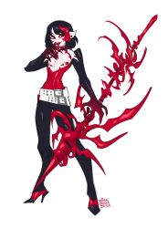 1boy 1femboy belt belt_buckle black_hair blood_on_face blood_on_hand bloody chest_window clawed_fingers ear_piercing femboy femboy_only full_body fully_clothed goth goth_boy gothic kittbetelgeuse licking_blood looking_at_viewer nipple_piercing pale-skinned_femboy pale-skinned_male pale_skin pointy_ears red_eyes red_hair red_highlights spear stake twink two-tone_hair vampire vampire_femboy wooden_stake