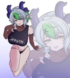 1girls :p above_view ahoge bare_shoulders bedroom_eyes belly_button big_breasts blush breasts collar crop_top detached_sleeves dog_collar fang female fingerless_armwear fishnet_armwear fishnet_clothing fishnet_topwear fishnets from_above froot green_eyes green_hair grey_hair hairclip hips horn_piercing horns huge_breasts indie_virtual_youtuber large_breasts legs_together looking_at_viewer midriff monsieurchachan multicolored_hair nail_polish navel no_legwear no_pants painted_nails pale-skinned_female pale_skin panties pointy_ears purple_nail_polish purple_nails ripped_clothing seductive seductive_look seductive_pose short_hair shoulders sitting smile solo stomach tank_top thick_thighs thighs thong tongue tongue_out tummy virtual_youtuber vtuber wide_hips x_hair_ornament