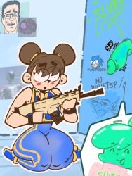 :p bathroom big_penis big_thighs brown_hair chun-li_(fortnite) ella_slurp fortnite futa_on_female futanari glory_hole green_skin holding_weapon meme_reference nickeh30 nsfw parallel_vlad slurp_(fortnite) street_fighter vi_wesker