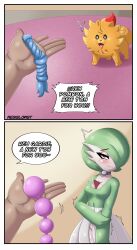 2026 absurd_res anthro breasts canid canine canis clothed clothing dialogue digital_drawing_(artwork) digital_media_(artwork) dog_toy domestic_dog english_text female feral fur game_freak gardevoir generation_10_pokemon generation_3_pokemon green_hair hair hi_res human humanoid male mammal meme nervous nervous_smile nintendo not_furry open_mouth orange_body orange_fur pink_eyes pokemon pokemon_(species) pokemon_rse pokemon_winds_and_waves pokemon_ww pombon pomken red_body red_eyes red_fur regislowst regislowstart sex_toy shaded signature simple_background sirnight small_breasts smile speech_bubble spring_art tail text tongue tongue_out white_body white_border white_skin