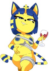 animal_crossing ankha anthro areolae bandages belly belly_grab belly_squish cat chubby edit egyptian furry looking_at_viewer nintendo pinkcookiecheong pussy shortstack smug source_request striped_tail theboogie thick_thighs wine_glass year_request