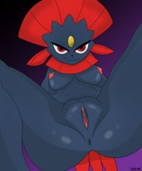 2020 absurd_res anthro anus ass big_breasts breasts digital_media_(artwork) feathers female genitals hi_res humanoid looking_at_viewer nintendo nipples nude pokémon_(species) pokemon pokemon_dppt presenting presenting_anus presenting_pussy pussy red_body red_eyes red_feathers simple_background smile solo spread_legs spreading varium video_games weavile